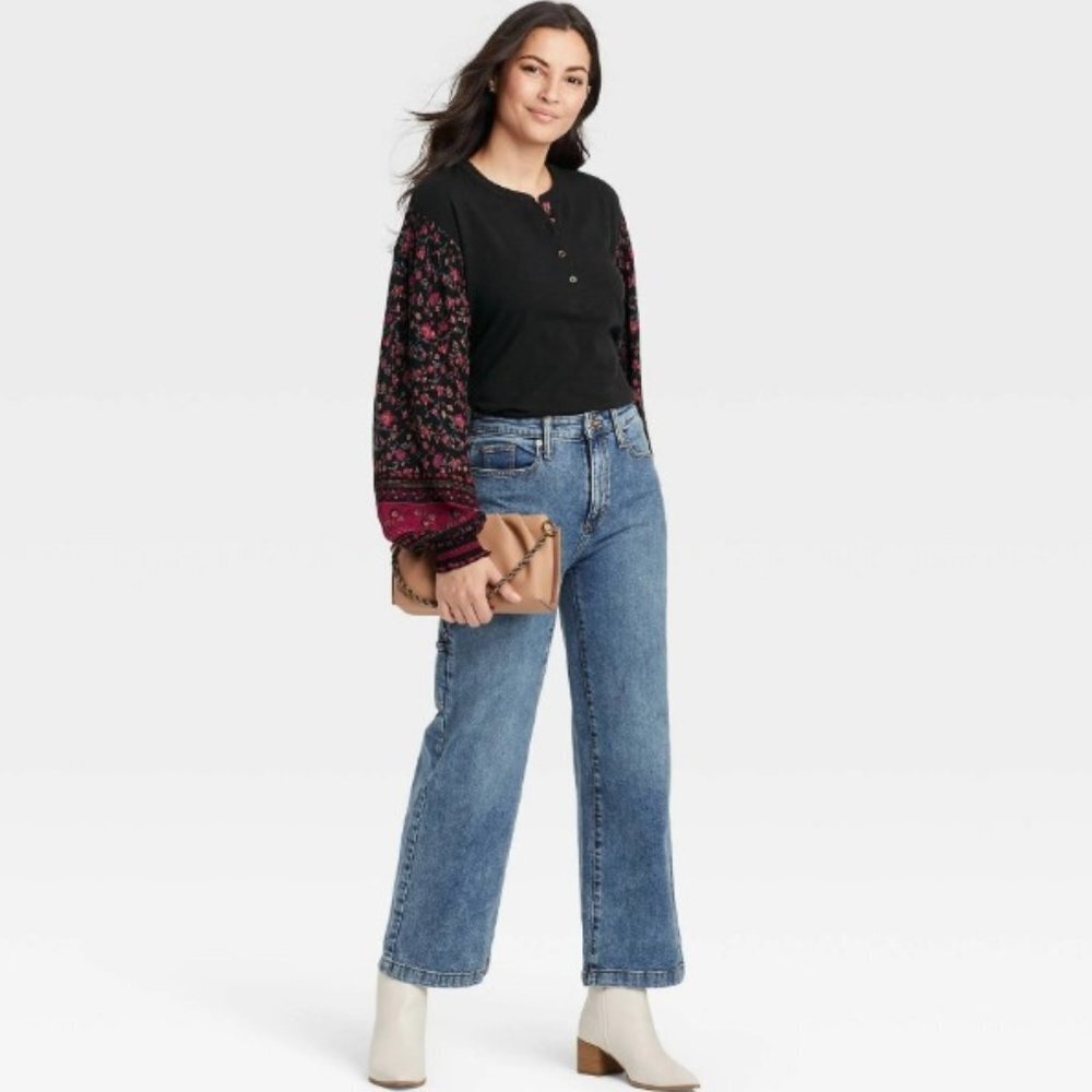 Knox Rose Women's Floral Bishop Sleeve Henley Top - M